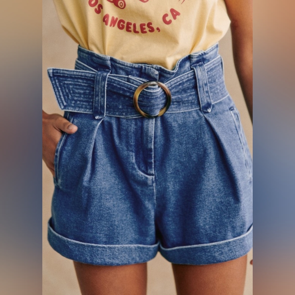 Sezane High-Waist Denim Paperbag Shorts in Blue